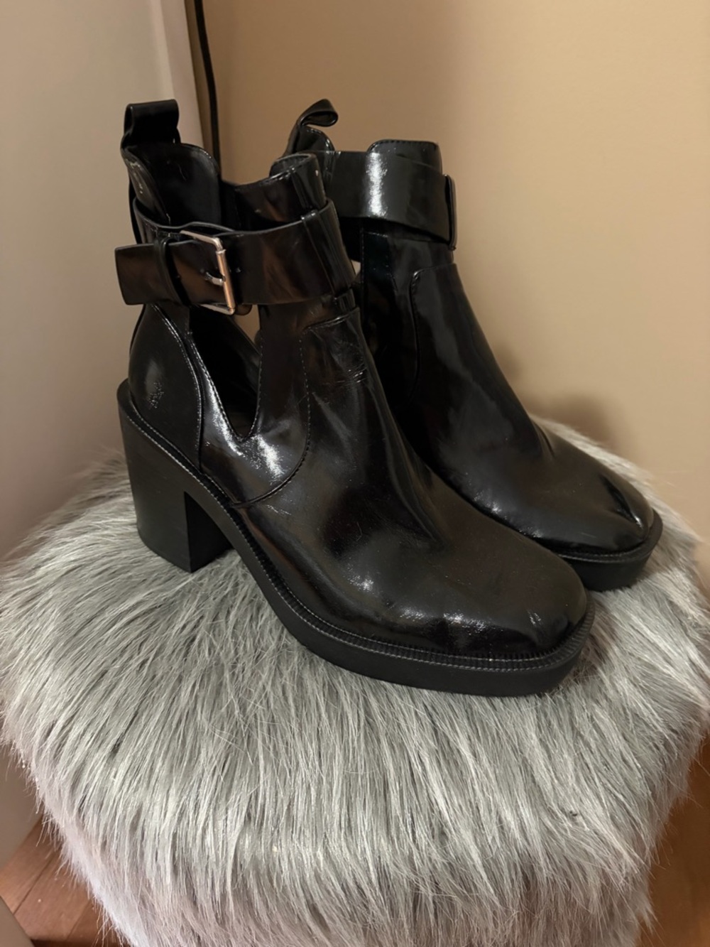 Zara Women's Black Patent Cutout Ankle Boots with Buckle